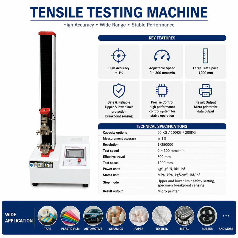 Hoge precisie trekbank 50KG 100KG 200KG universele materiaalsterkte tester voor plastic folie tape rubber